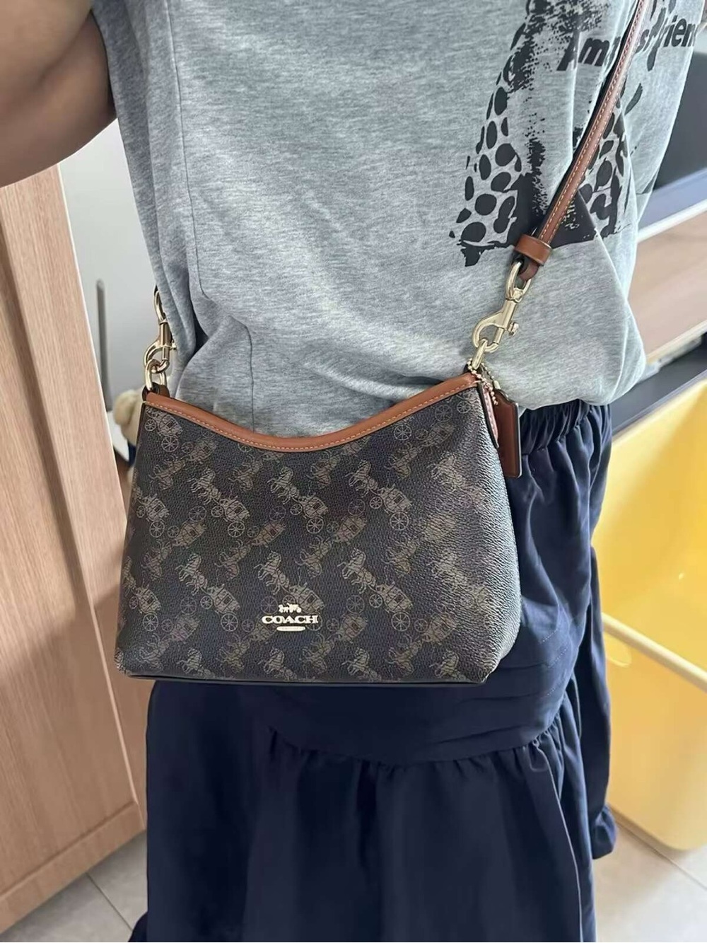 Coach Brown Signature Crossbody with Tan Trim and Gold Hardware
